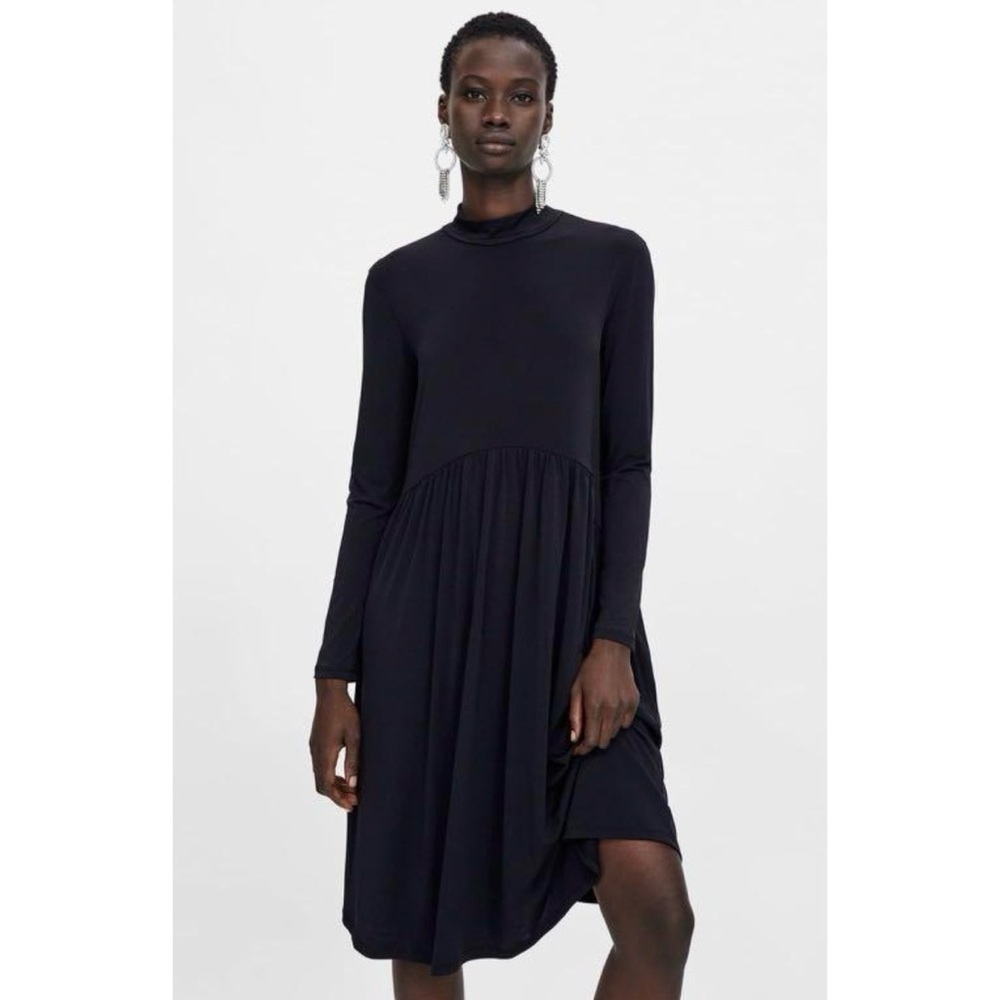 Zara black tiered mock neck dress long sleeve stretch below knee length Small S
